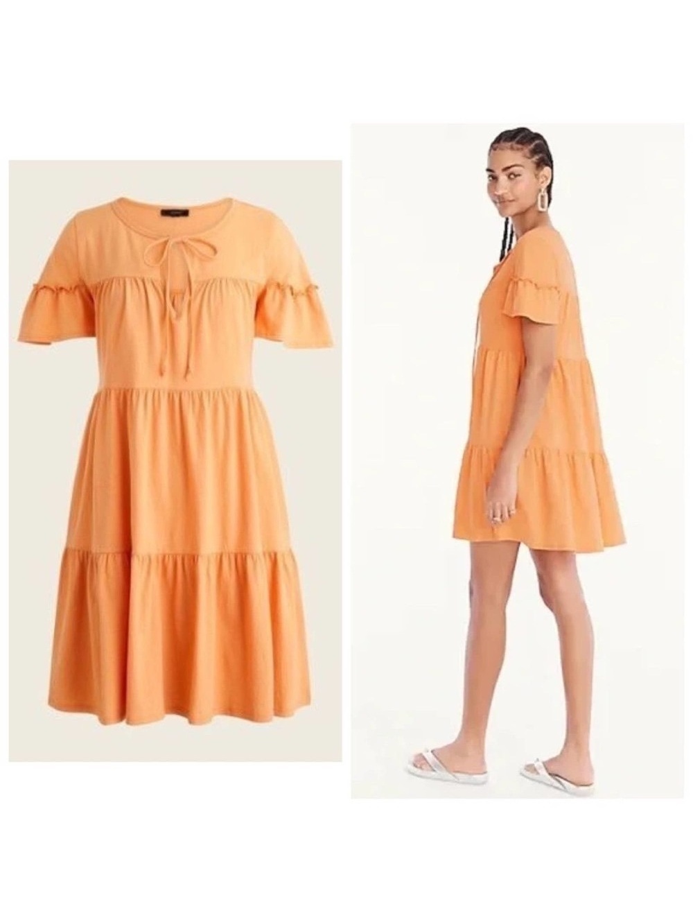 J.Crew Orange Tiered Mini Dress Keyhole Tie 100% Cotton Flutter Sleeve Small - Picture 2 of 8